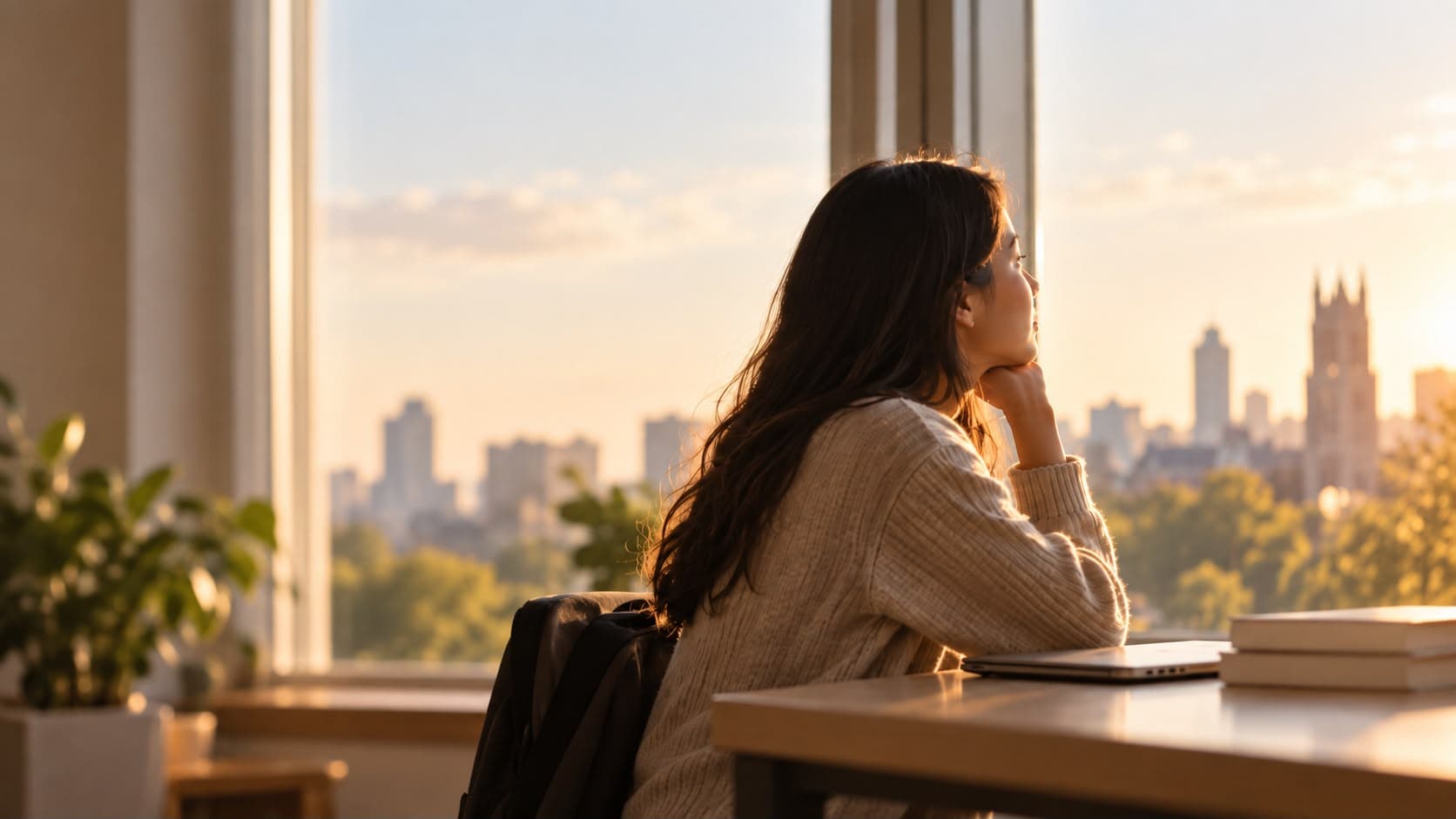 A student looking out over a city skyline, laptop and books on the desk beside her
